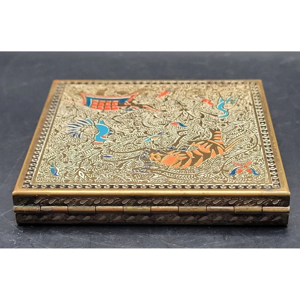 Vtg Volupte Compact Persian Brass Tiger Crane Phoenix Birds Enamel Deco Retro